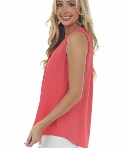 FSL APPAREL Punch Sleeveless Woven V Neck Crinkle Blouse Tops