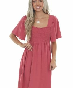 Umgee Dresses Punch Smocked Flutter Sleeve Linen Dress