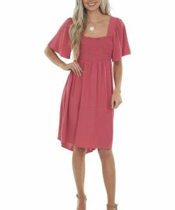Umgee Dresses Punch Smocked Flutter Sleeve Linen Dress
