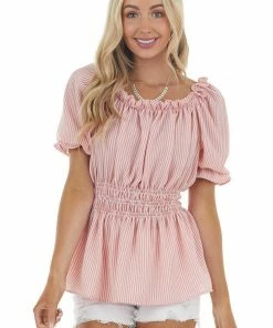 My Story Tops Punch Striped Short Sleeve Top With Smocked Detail