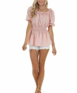 My Story Tops Punch Striped Short Sleeve Top With Smocked Detail