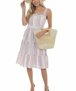 Umgee Punch Striped Square Neck Tiered Midi Dress Dresses