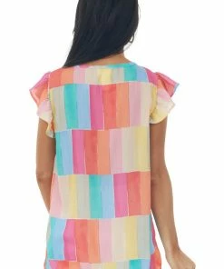 BiBi Rainbow Colorblock Ruffle Short Sleeve Blouse 16 BiBi Rainbow Colorblock Ruffle Short Sleeve Blouse