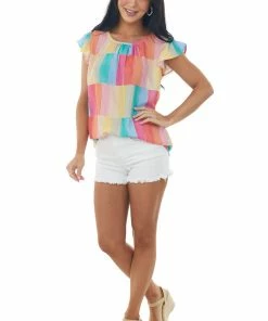 BiBi Rainbow Colorblock Ruffle Short Sleeve Blouse 14 BiBi Rainbow Colorblock Ruffle Short Sleeve Blouse