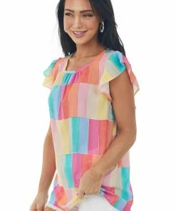 BiBi Rainbow Colorblock Ruffle Short Sleeve Blouse 15 BiBi Rainbow Colorblock Ruffle Short Sleeve Blouse