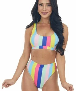Beach Joy Bikini Rainbow Striped Knit High Waist Bikini Set Accessories 12 Beach Joy Bikini Rainbow Striped Knit High Waist Bikini Set Accessories
