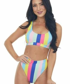 Beach Joy Bikini Rainbow Striped Knit High Waist Bikini Set Accessories