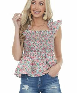 Umgee Tops Raspberry Floral Print Back Cut Out Tank Top