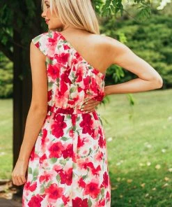 Andree Dresses Raspberry Floral Print One Shoulder Short Dress 12 Andree Dresses Raspberry Floral Print One Shoulder Short Dress