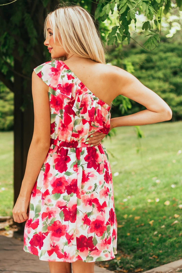 Andree Dresses Raspberry Floral Print One Shoulder Short Dress 7 Andree Dresses Raspberry Floral Print One Shoulder Short Dress