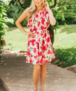 Andree Dresses Raspberry Floral Print One Shoulder Short Dress 9 Andree Dresses Raspberry Floral Print One Shoulder Short Dress