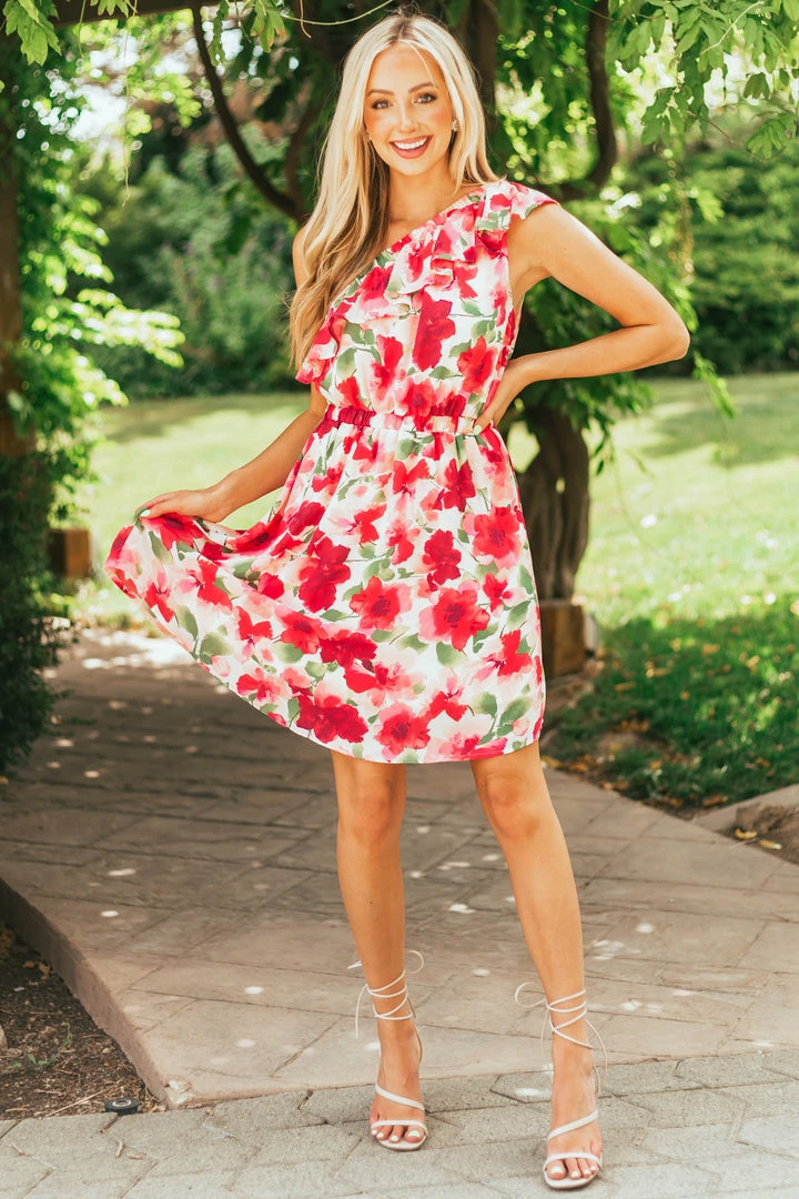 Andree Dresses Raspberry Floral Print One Shoulder Short Dress 5 Andree Dresses Raspberry Floral Print One Shoulder Short Dress