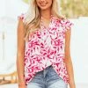 First Love Raspberry Leaf Print Cap Sleeve Blouse