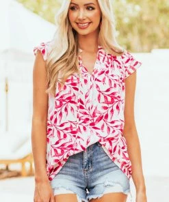 First Love Raspberry Leaf Print Cap Sleeve Blouse