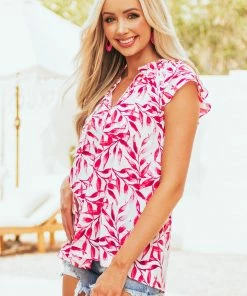 First Love Raspberry Leaf Print Cap Sleeve Blouse