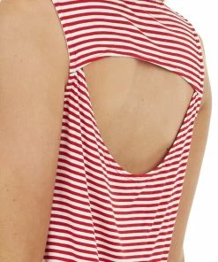 CY Fashion Red And White Striped Top With Back Draped Cutout Detail