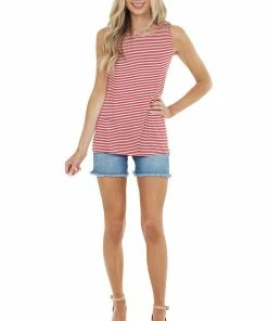 CY Fashion Red And White Striped Top With Back Draped Cutout Detail