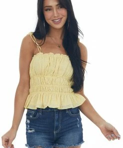 She + Sky Retro Yellow Eyelet Textured Tie Strap Cami