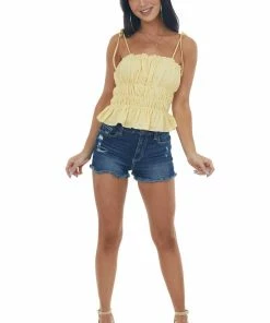 She + Sky Retro Yellow Eyelet Textured Tie Strap Cami