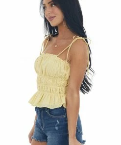 She + Sky Retro Yellow Eyelet Textured Tie Strap Cami