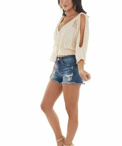 Peach Love Rich Champagne Cold Shoulder Open Back Blouse Tops