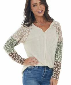 143 Story Rich Champagne Floral Colorblock Knit Top