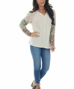 143 Story Rich Champagne Floral Colorblock Knit Top