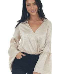 Peach Love Rich Champagne Leopard Surplice Satin Blouse Tops