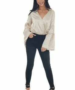 Peach Love Rich Champagne Leopard Surplice Satin Blouse Tops