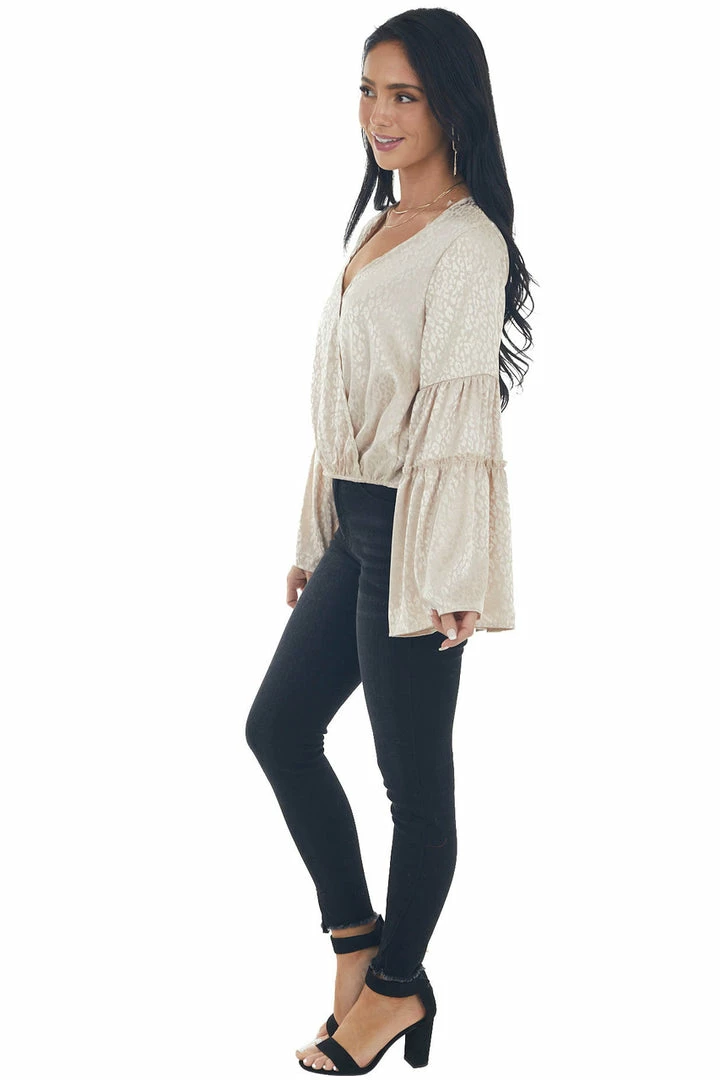 Peach Love Rich Champagne Leopard Surplice Satin Blouse Tops 8 Peach Love Rich Champagne Leopard Surplice Satin Blouse Tops