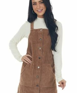 She + Sky Dresses Rich Cognac Button Down Corduroy Overall Dress