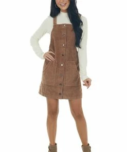 She + Sky Dresses Rich Cognac Button Down Corduroy Overall Dress