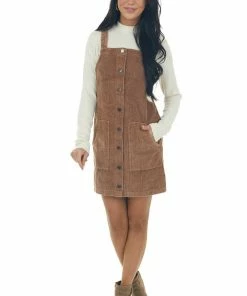 She + Sky Dresses Rich Cognac Button Down Corduroy Overall Dress