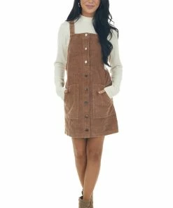 She + Sky Dresses Rich Cognac Button Down Corduroy Overall Dress