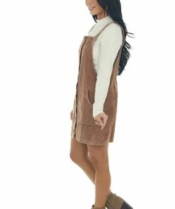 She + Sky Dresses Rich Cognac Button Down Corduroy Overall Dress