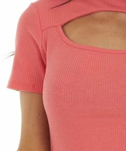 Peach Love Rich Coral Bodycon Ribbed Knit Dress With Cutout Detail Dresses