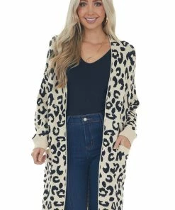 Davi & Dani Cardigans Rich Cream Leopard Print Long Sleeve Cardigan