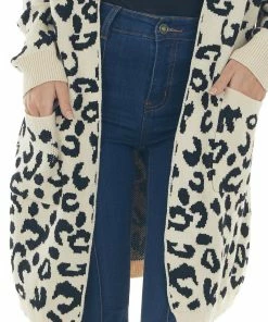 Davi & Dani Cardigans Rich Cream Leopard Print Long Sleeve Cardigan