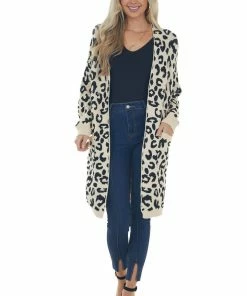 Davi & Dani Cardigans Rich Cream Leopard Print Long Sleeve Cardigan