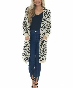 Davi & Dani Cardigans Rich Cream Leopard Print Long Sleeve Cardigan