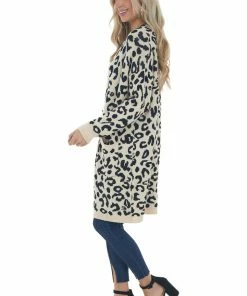 Davi & Dani Cardigans Rich Cream Leopard Print Long Sleeve Cardigan