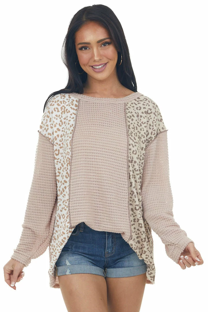 BiBi Tops Rich Latte Leopard Colorblock Waffle Knit Top 3 BiBi Tops Rich Latte Leopard Colorblock Waffle Knit Top