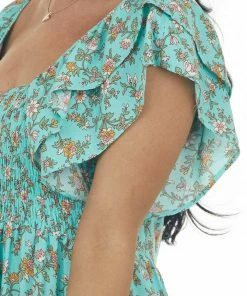 Umgee Dresses Rich Mint Floral Print Square Neck Midi Dress