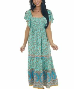 Umgee Dresses Rich Mint Floral Print Square Neck Midi Dress