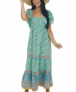 Umgee Dresses Rich Mint Floral Print Square Neck Midi Dress