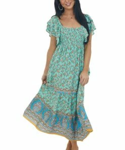 Umgee Dresses Rich Mint Floral Print Square Neck Midi Dress