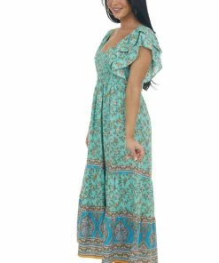 Umgee Dresses Rich Mint Floral Print Square Neck Midi Dress
