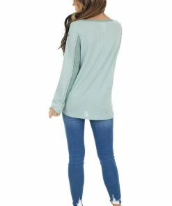 BiBi Tops Sage Long Sleeve Waffle Knit Top With Contrast Detail