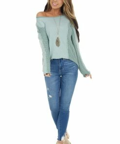 BiBi Tops Sage Long Sleeve Waffle Knit Top With Contrast Detail