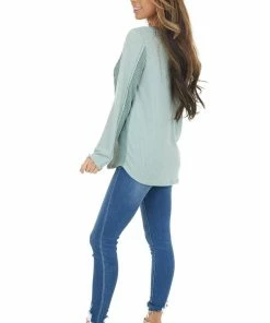 BiBi Tops Sage Long Sleeve Waffle Knit Top With Contrast Detail